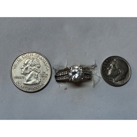 Estate Sterling Silver 925 Engagement Ring Size 7, Round CZ, Pave Band, 5.2g - Picture 6 of 8